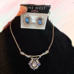 Nine West Blue crystal diamond pendant necklace 19” + bracelet 7” + Earrings set
